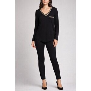 7th Ray Top Womens M Black Sequin Trim V-Neck Long Sleeve Pocket Stretch Rayon
